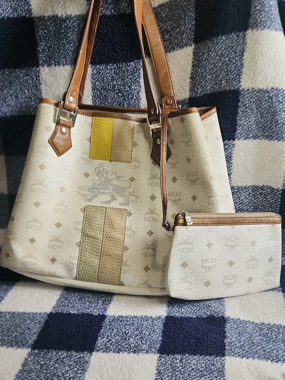 MCM Cream Monogram Tote with Tan Leather Trim and Yellow Accent with Pouch
